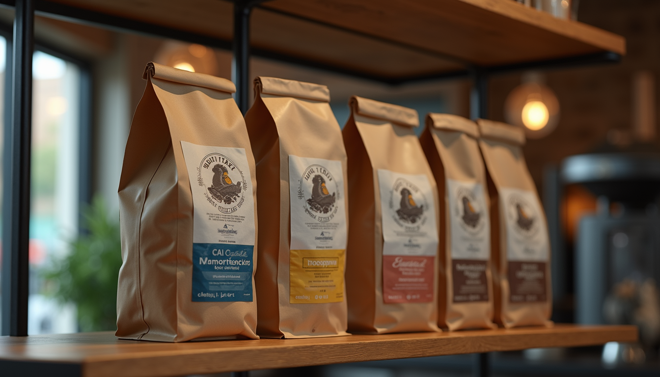Eye-level view of a coffee shop shelf displaying various bags of Colombian coffee beans