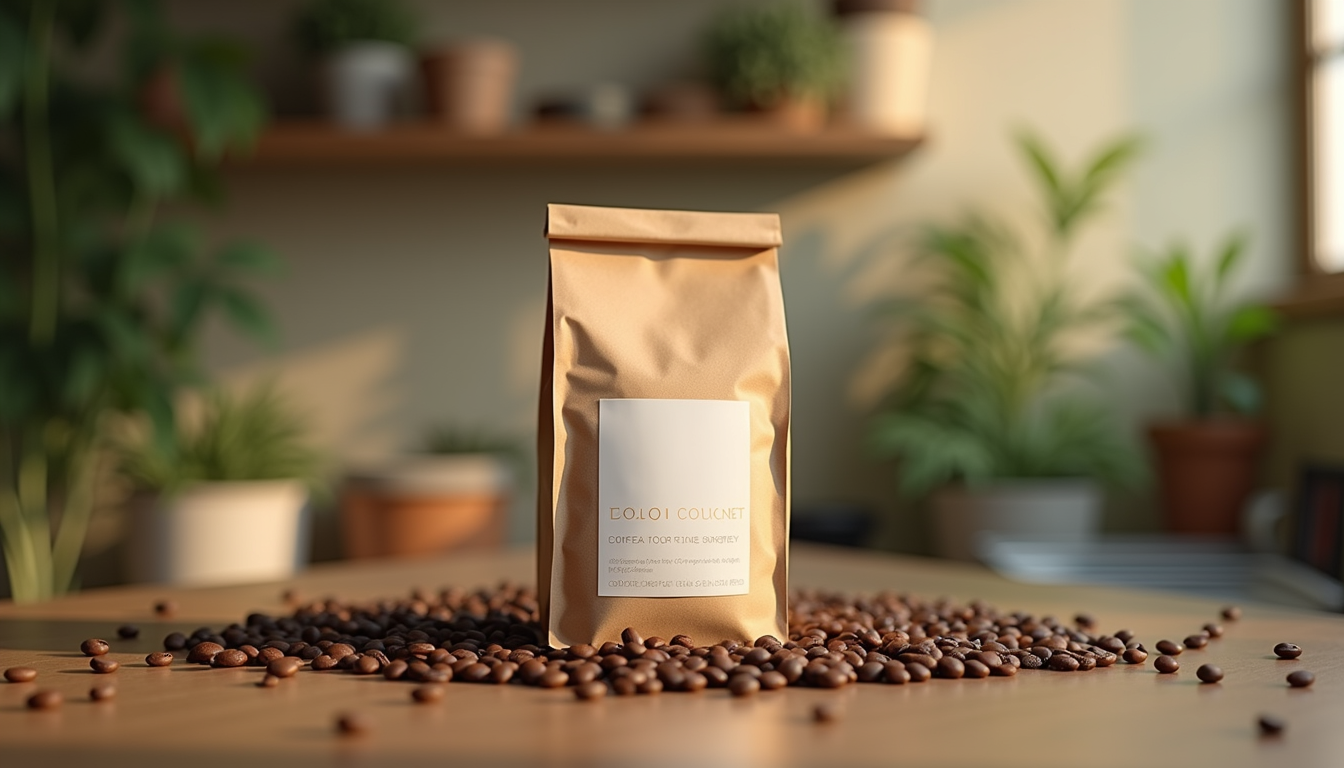 Eye-level view of eco-friendly coffee packaging ready for delivery