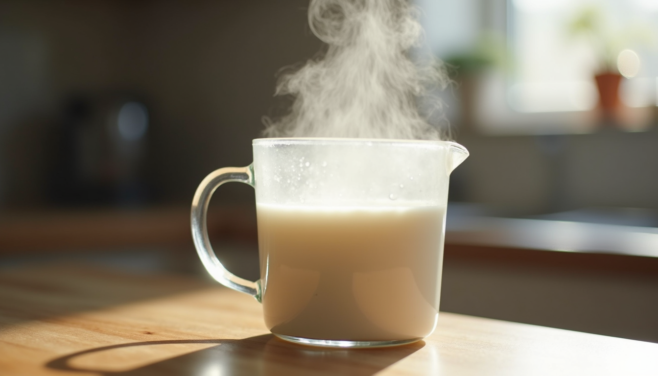 Close-up view of freshly steamed milk in a jug