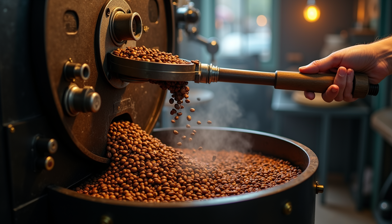 High angle view of a coffee roasting machine in operation
