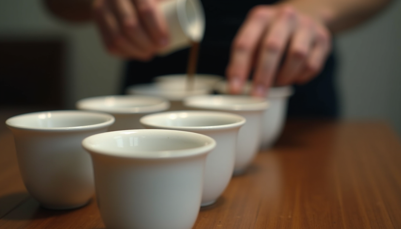 Eye-level view of a coffee cupping session with multiple cups arranged