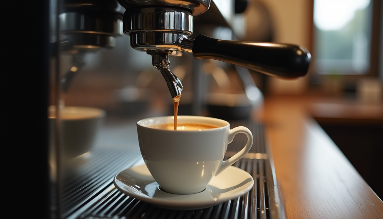 High angle view of a cup of coffee and a coffee machine