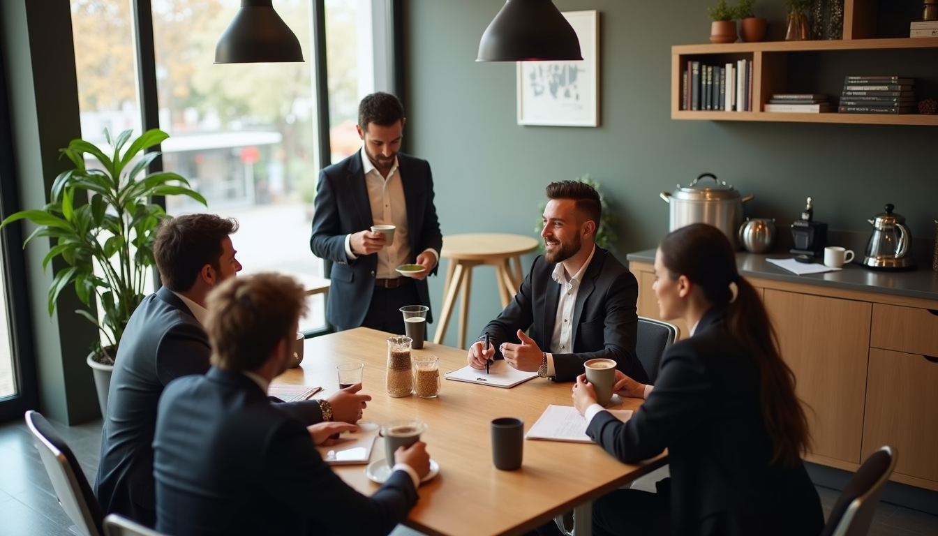 High angle view of employees engaging during a coffee break
