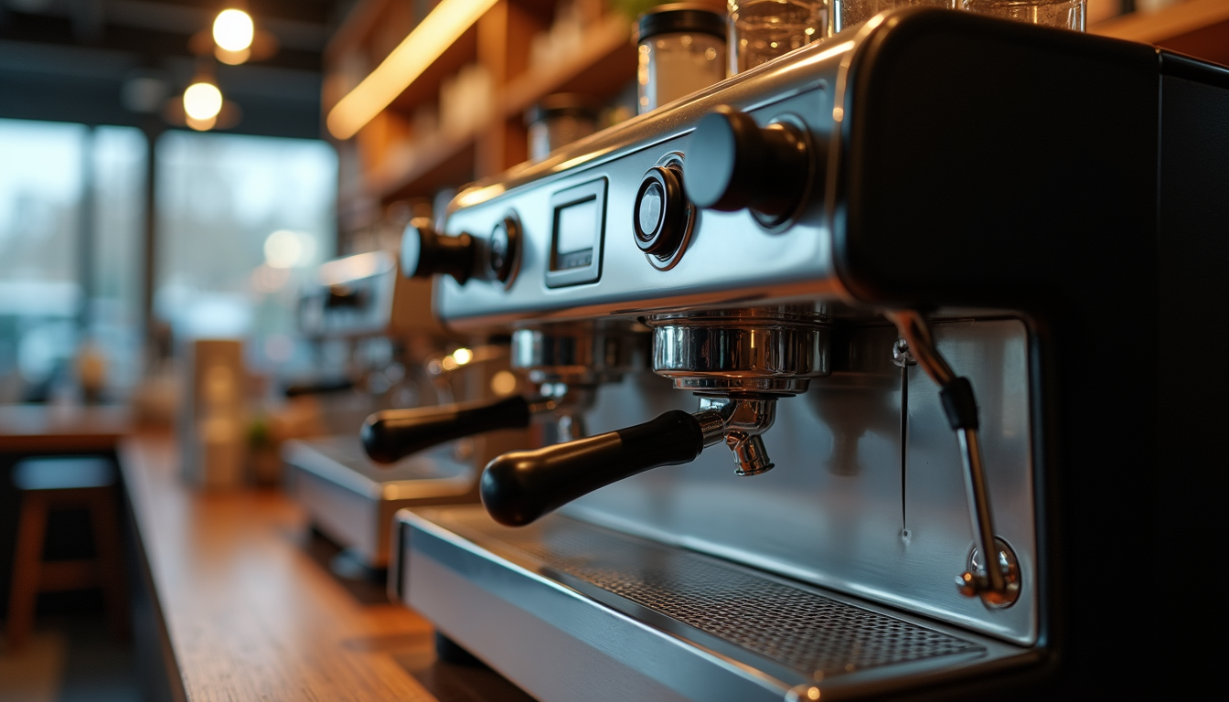 Eye-level view of a sleek commercial espresso machine with digital controls