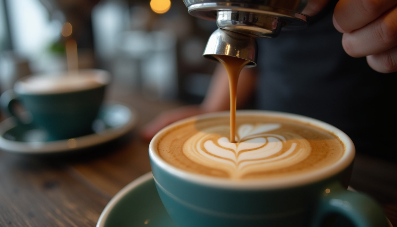 Close-up view of a barista preparing a latte with latte art