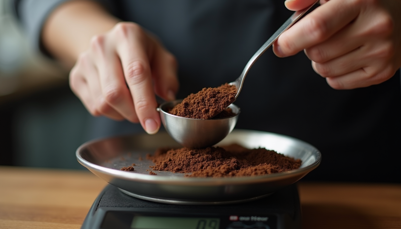 Close-up view of a barista measuring coffee grounds on a scale