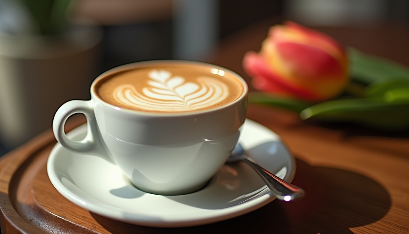 Eye-level view of a beautifully made tulip latte
