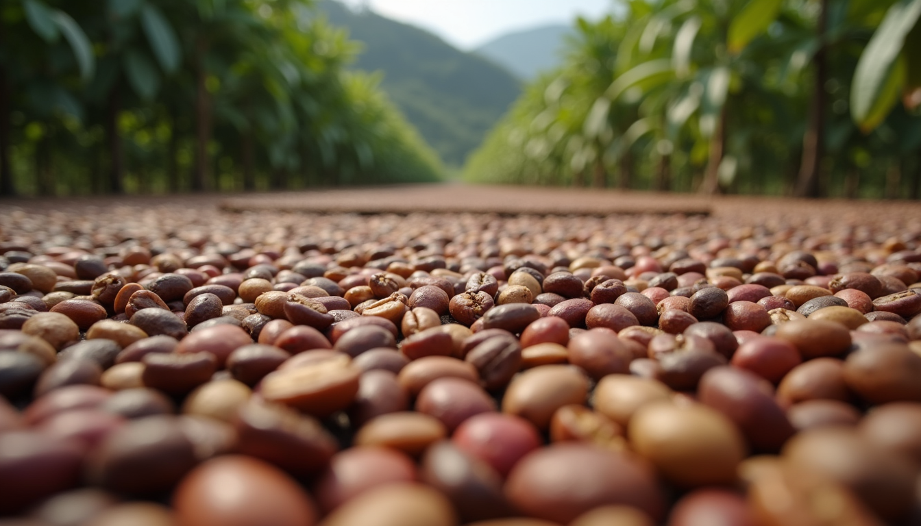 Eye-level view of coffee beans drying on raised beds at a sustainable coffee farm