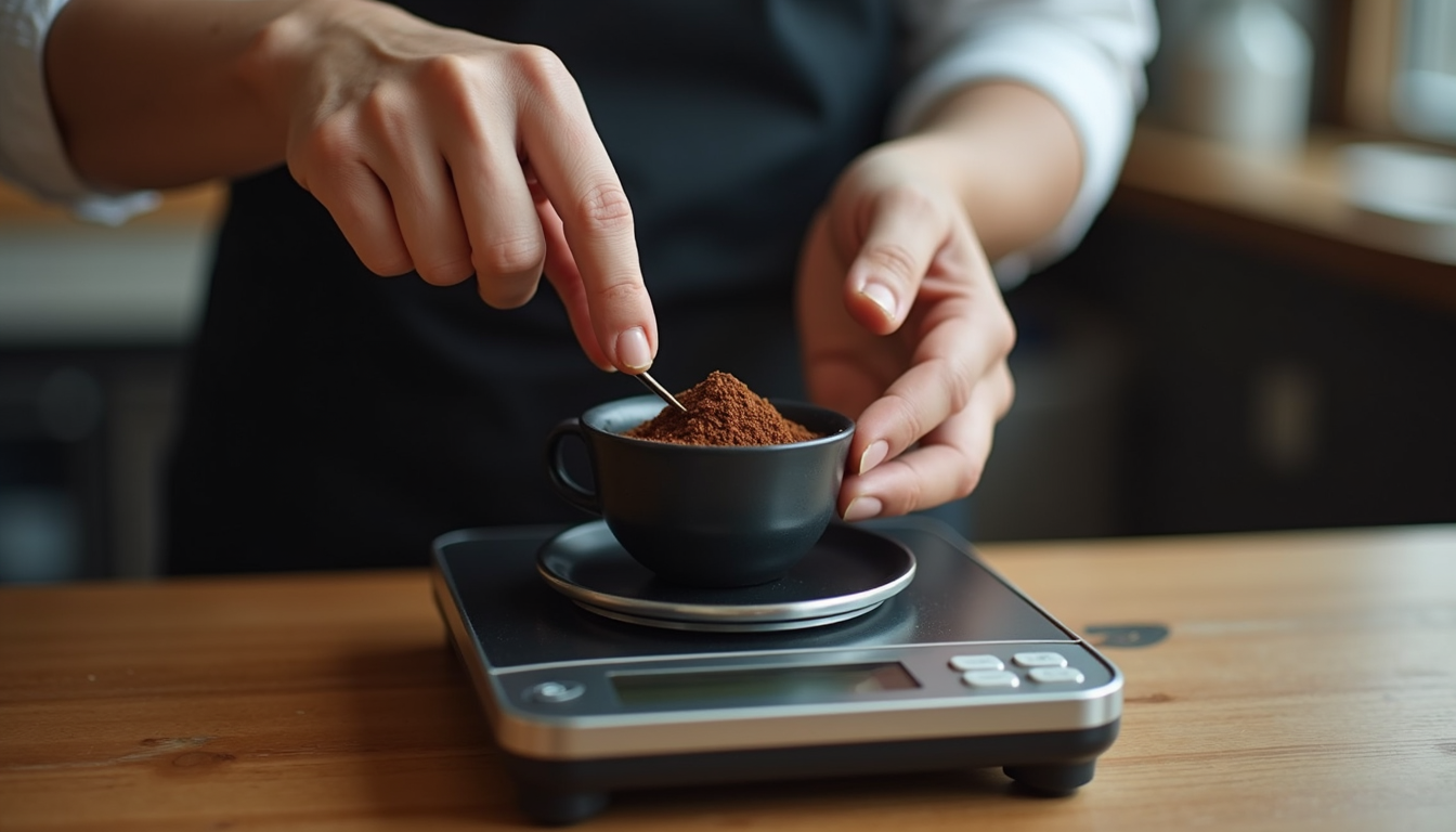 Close-up view of a barista measuring coffee grounds on a digital scale