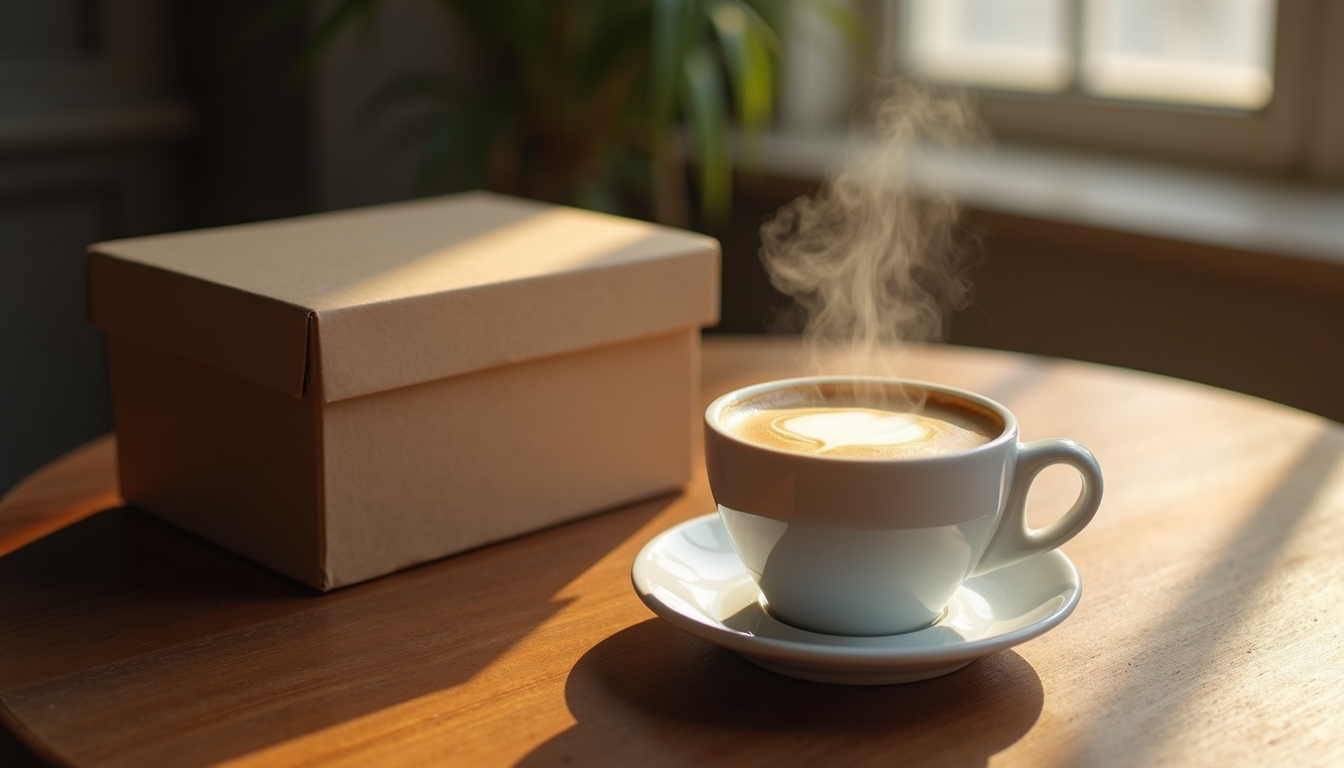 High angle view of a steaming cup of coffee on a wooden table next to a subscription box