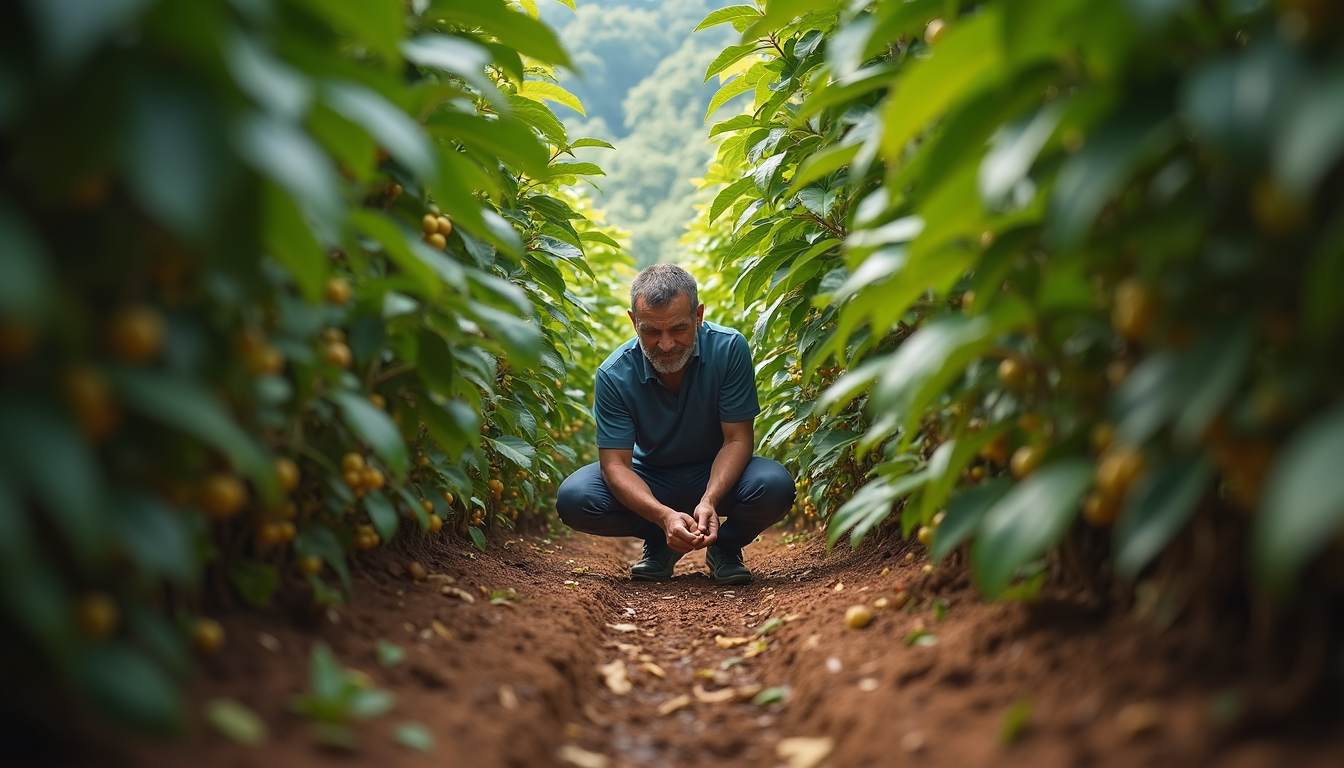 Eye-level view of a coffee farmer inspecting coffee plants in a shaded plantation