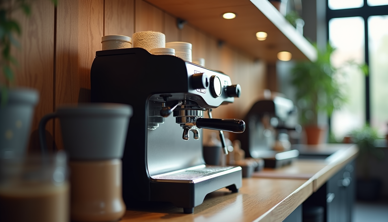 Eye-level view of a well-kept coffee machine on a countertop