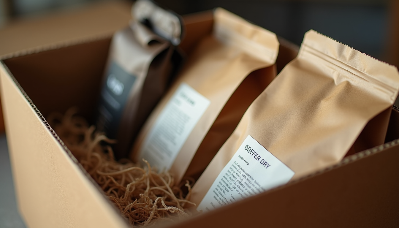 Eye-level view of a coffee subscription box with various coffee bags inside