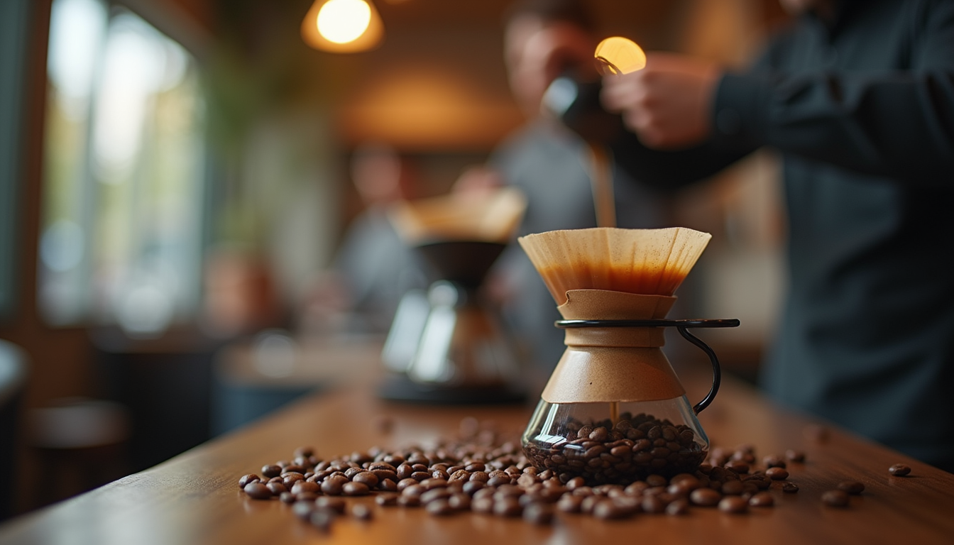 Eye-level view of a pour-over coffee setup with single origin beans
