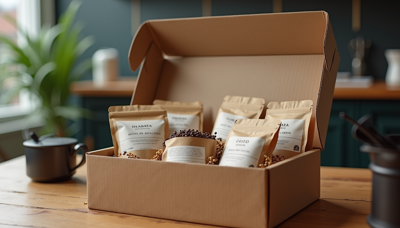 Eye-level view of a coffee subscription box with various coffee bags and brewing accessories