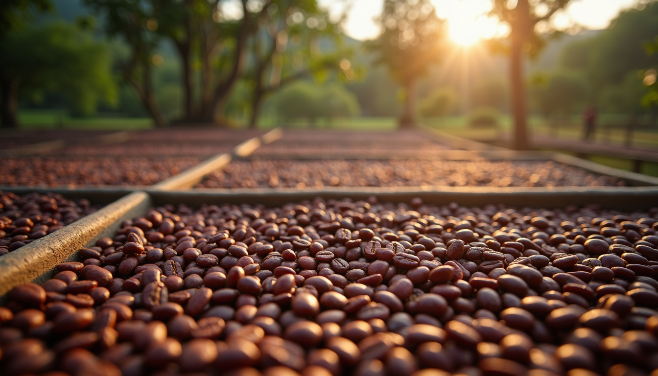 High angle view of coffee beans drying on raised beds in a sustainable coffee farm