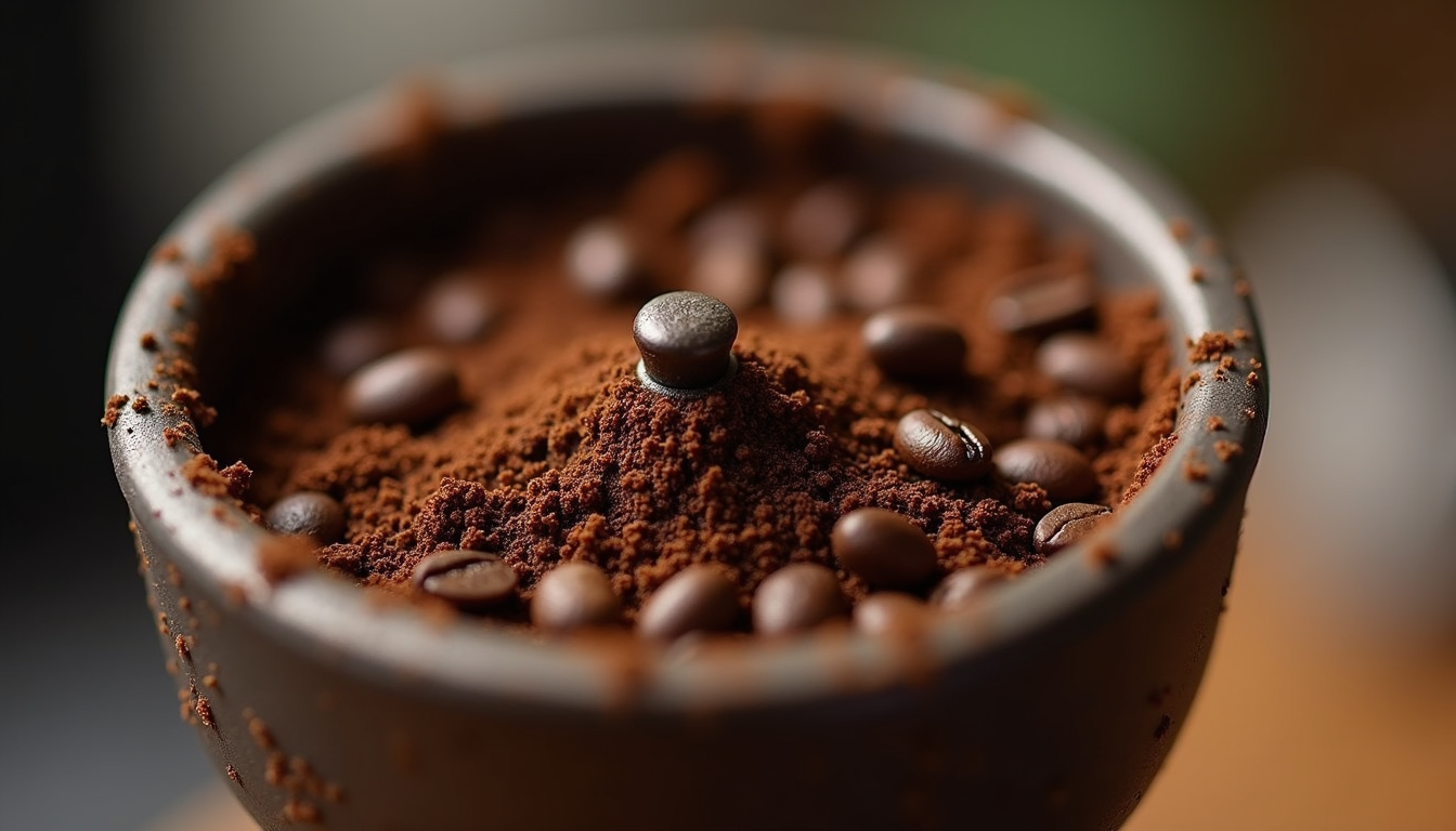 Close-up of freshly ground coffee beans in a burr grinder