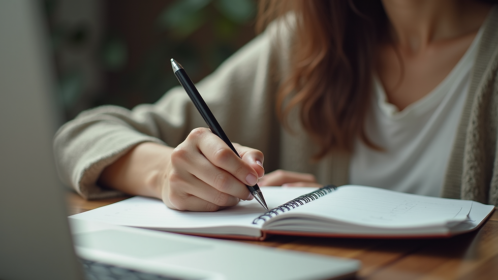 High angle view of a woman writing notes in a planner at a desk