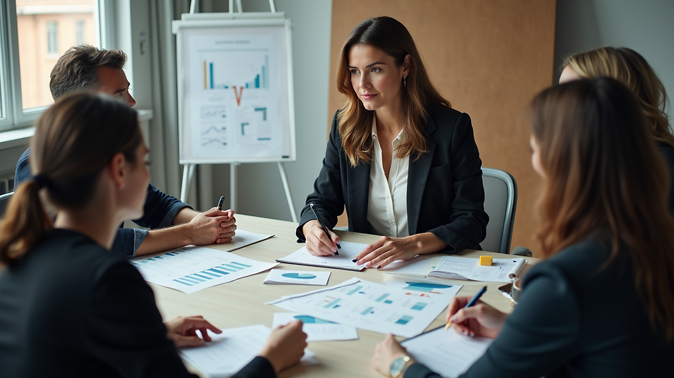 High angle view of a woman leading a team meeting with charts and notes