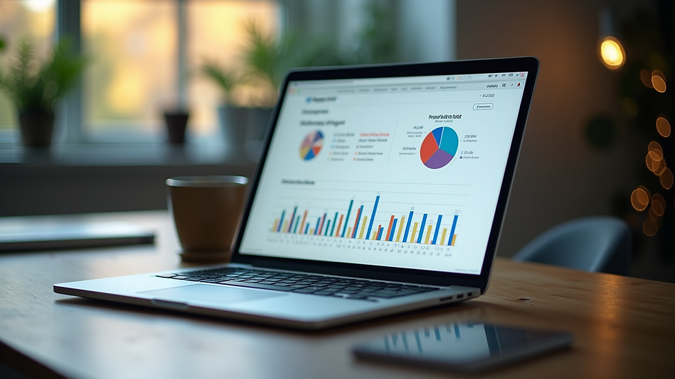 Eye-level view of a laptop with marketing analytics on screen
