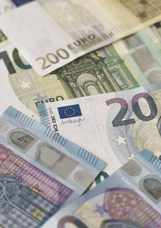 Verschiedene Euro-Banknoten unterschiedlicher Werte, gleichmäßig verteilt auf einer ebenen Fläche
