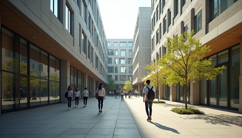 Eye-level view of a modern university campus with students walking between buildings