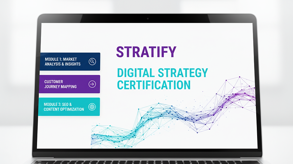 Close-up view of a laptop screen showing an online learning platform with digital strategy modules