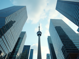 Eye-level view of Toronto skyline with modern skyscrapers and clear sky