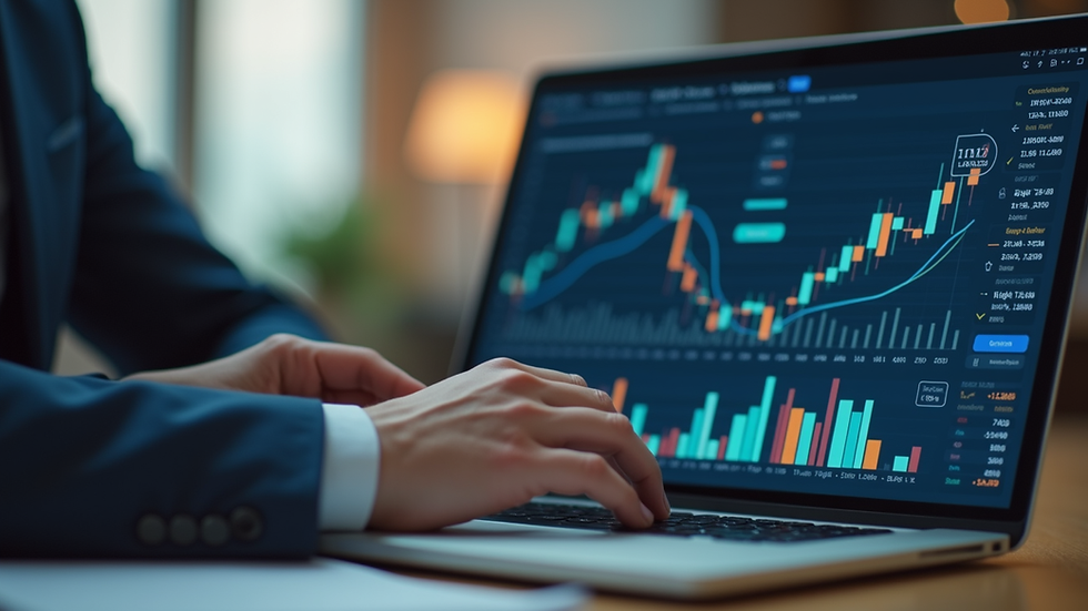 Close-up view of a business professional analyzing digital strategy charts on a laptop