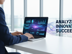 رجل ببدلة يعمل على لابتوب يعرض رسومًا بيانية، وبجواره عبارة ANALYZE. INNOVATE. SUCCEED. في مكتب حديث مضيء.