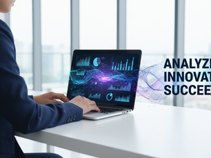Businessperson typing on laptop with analytics charts; bold text reads Analyze. Innovate. Succeed. in a bright office.