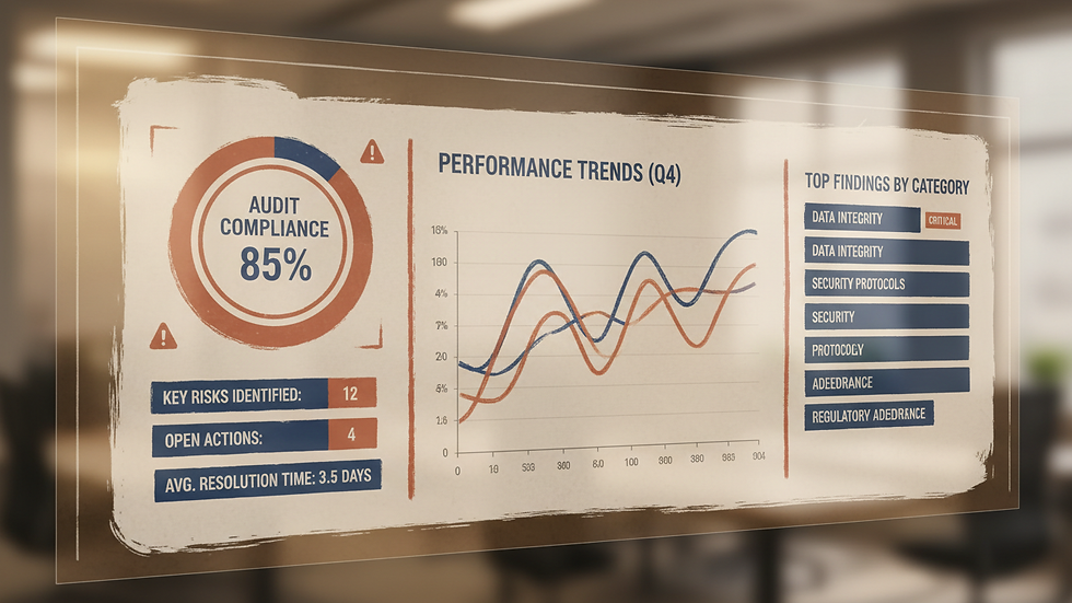 Close-up view of a digital dashboard displaying audit metrics and performance indicators