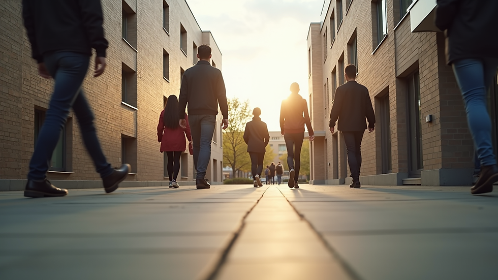 Eye-level view of a university campus with students walking between buildings