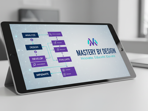 Tablet displaying a design workflow flowchart and the text Mastery by Design: Innovate. Educate. Elevate. in a bright office