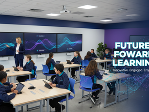 Eye-level view of a modern classroom with digital screens and students engaged in learning