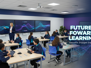 Eye-level view of a modern classroom with digital screens and students engaged in learning