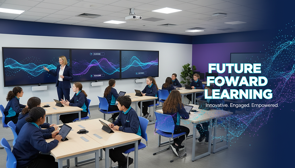 Eye-level view of a modern classroom with digital screens and students engaged in learning