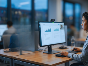 Woman in a grey hoodie works on a computer displaying graphs in a modern office with large windows. Focused atmosphere, blurred background.