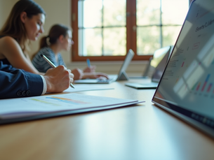 Eye-level view of a modern classroom with digital strategy training materials