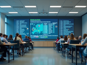 Eye-level view of a modern classroom with digital screens displaying student data
