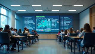 Eye-level view of a modern classroom with digital screens displaying student data