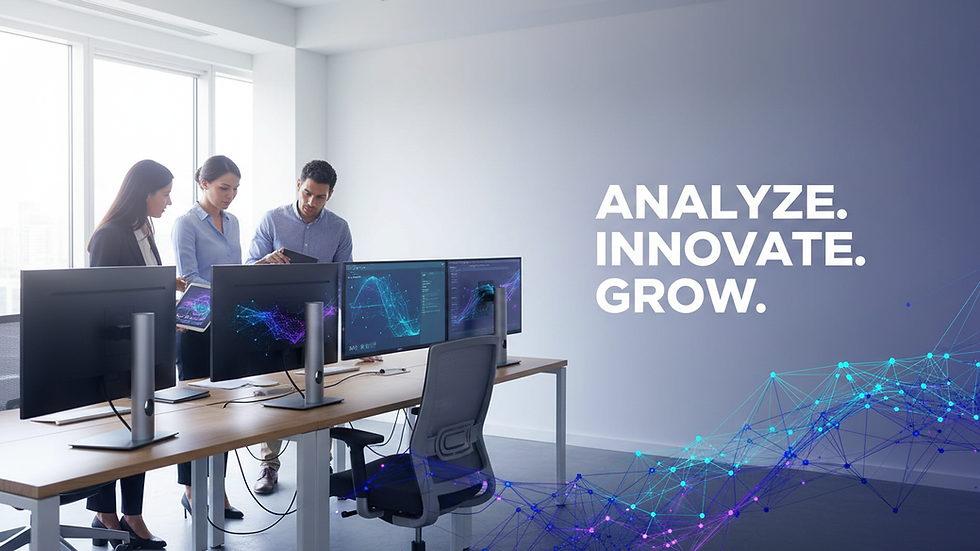 Eye-level view of a digital marketing team analyzing data on multiple screens