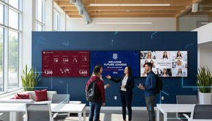 Eye-level view of a university admissions office with digital dashboards