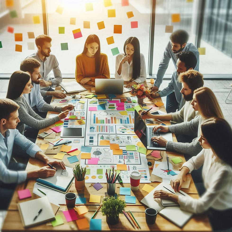 Team meeting around a table with laptops, charts, and sticky notes. Sunlit modern office, creative atmosphere, and focused discussions.