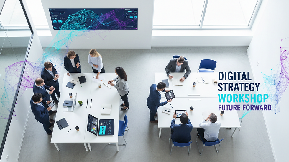High angle view of a digital strategy workshop with professionals collaborating