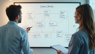 Eye-level view of a digital strategist mapping customer journey on a whiteboard