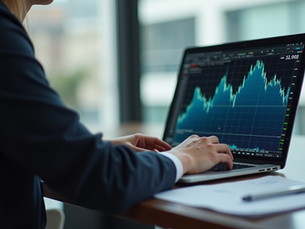 Eye-level view of a person analyzing digital business charts on a laptop