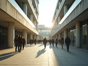Eye-level view of a modern university campus with students walking between buildings