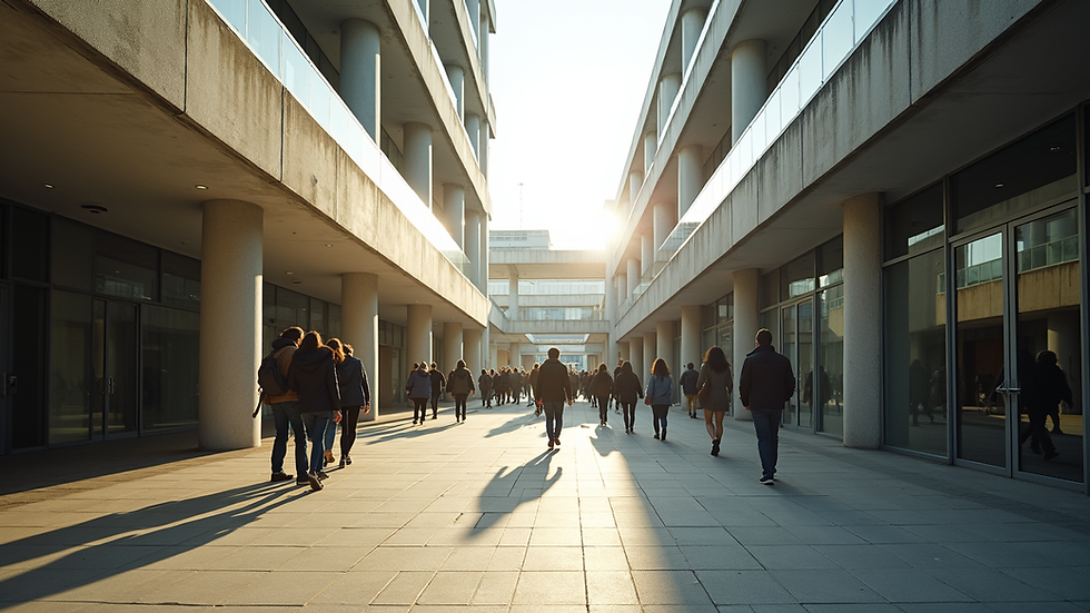 Eye-level view of a modern university campus with students walking between buildings