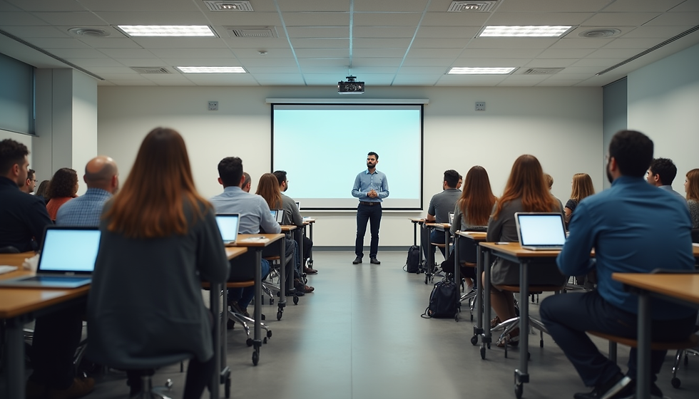 Eye-level view of a modern classroom with students engaged in a digital strategy workshop